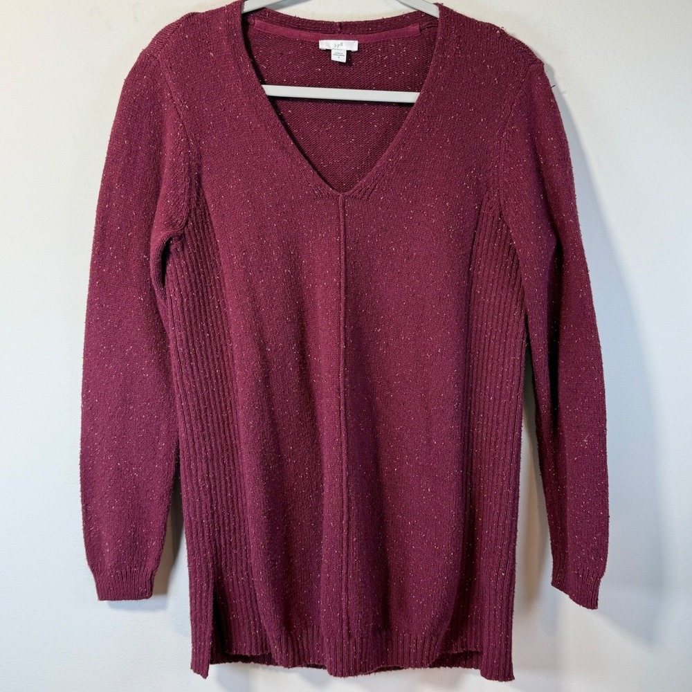 J. Jill V-Neck Sweater Women S Burgundy Cotton Marl Tunic Side Slits Cottagecore